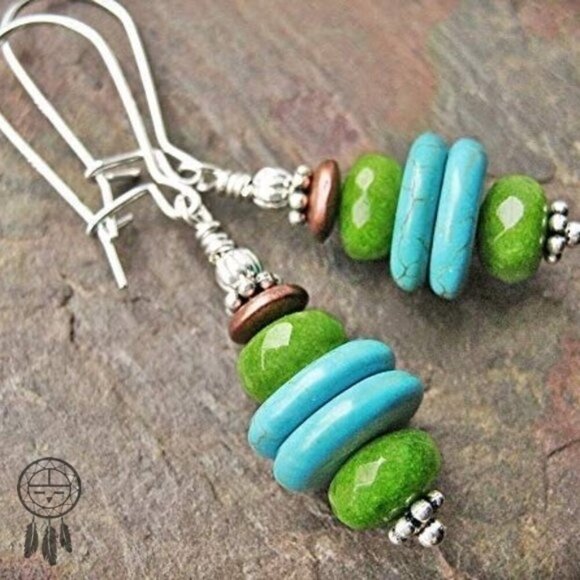 Green Jade Turquoise Earrings With Sterling Silver Earwires - Picture 4 of 8